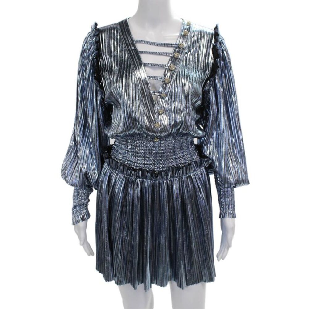 Raisa Vanessa Womens Silver Striped V Neck Long Sleeve Mini Dress Size 34